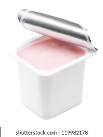 Strawberry Yogurt In Opened Yogurt Pot. Isolated On White.