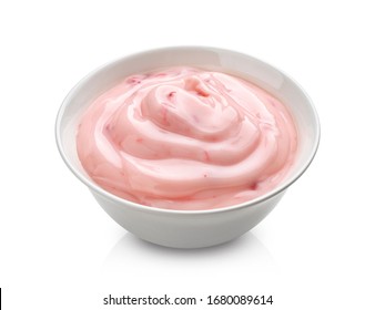 Strawberry yogurt, pink berry cream in bowl isolated on white background with clipping path