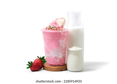 Strawberry yogurt smoothie with Strawberry fruit,yogurt bottle and milk bottle isolated on white background. coffee shop cafe menu concept. - Shutterstock ID 2185914933