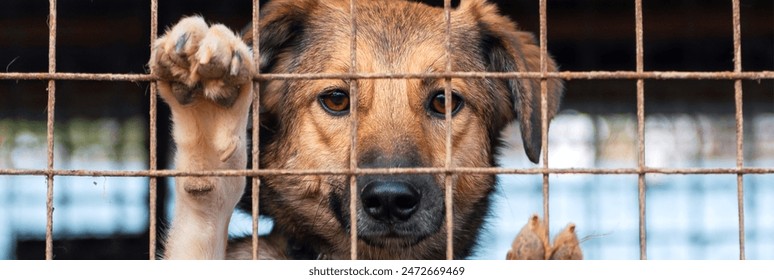 Stray dog in animal shelter waiting for adoption. Portrait of homeless dog in animal shelter cage.  Dog  behind the fences - Powered by Shutterstock