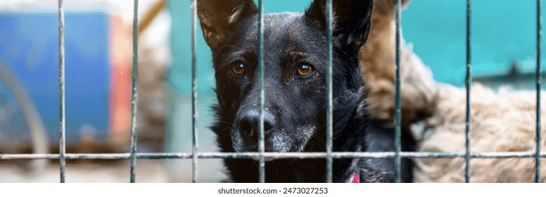 Stray dog in animal shelter waiting for adoption. Portrait of homeless dog in animal shelter cage.  Dog  behind the fences - Powered by Shutterstock