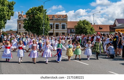 Straznice, Czech Republic - June 25, 2022 International Folklore Festival. Children in folk costumes take part in the festival