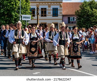 Straznice, Czech Republic - June 25, 2022 International Folklore Festival. Serbian folklore ensemble at the festival in Straznica