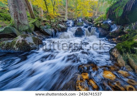 stream autumn scenery in a gorge with cascading waterfall