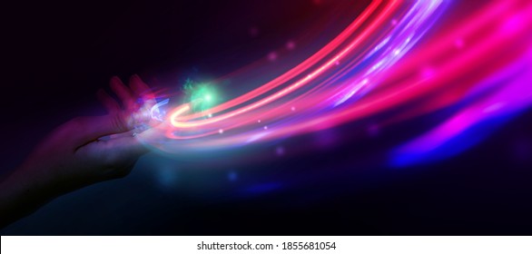 The Stream Of Energy Emanating From Female Hands Close-up On A Dark Abstract Background. Neon Glow, Bokeh, Magic Particles