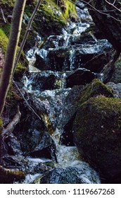 Stream flows down by rocks