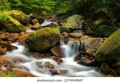 The stream flows over mossy stones. Forest stream flowing. Waterfall stream on mossy rocks. Forest waterfall stream flowing - Shutterstock ID 2274940847