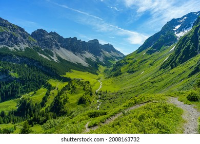 the stream flows under the bridge through the great valley of Walser with his steep stony mountain and the alpine green and flowered pastures from the three stage alpine farming. Austrian alpine scene