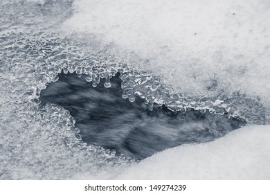 stream with icicles in winter
