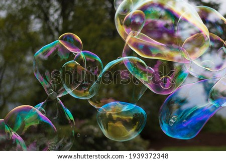 A stream of rainbow bubbles flowing through the air against trees