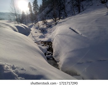
stream in the winter in the mountains