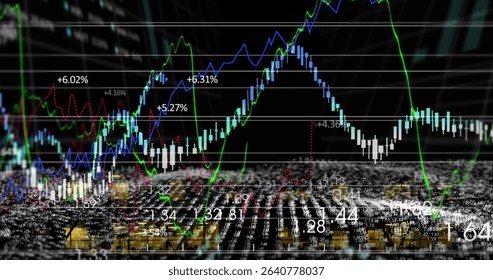 Streaming 3D market line graphs in virtual space with blurred code plane, candlesticks and % labels. Futuristic, digital, analytical, technology, data, illumination, precision - Powered by Shutterstock - Get 15% off with code: PIKWIZARD15
