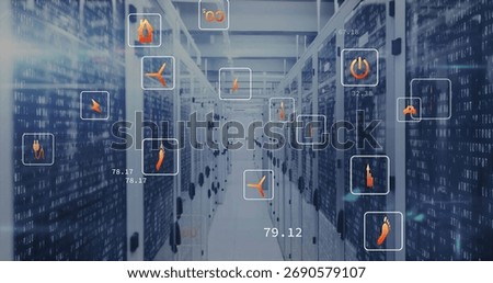 Streaming binary code across long server racks corridor inside data center, displaying energy icons. Technology, data, digital, infrastructure, innovation, automation, connectivity