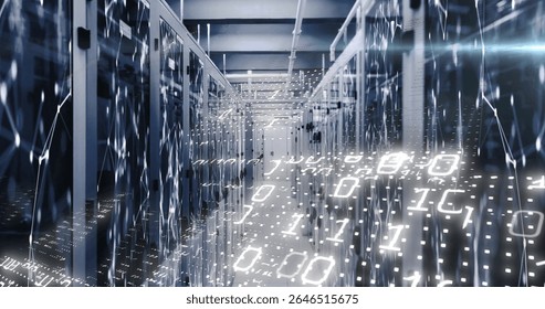 Streaming binary code floating along high tech server aisle, with tall cabinets and network cables. Technology, data, cybersecurity, digital, innovation, network, infrastructure