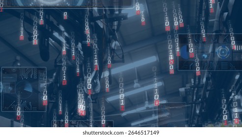 Streaming binary code over suspended conveyor hooks and rails at factory hall, showing HUD overlays. Industrial, automation, technology, robotics, digital, manufacturing, futuristic - Powered by Shutterstock - Get 15% off with code: PIKWIZARD15