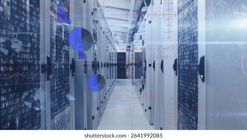 Streaming binary code overlays and math equations across data center corridor, with server racks. Technology, data, cybersecurity, innovation, digital, infrastructure, networking