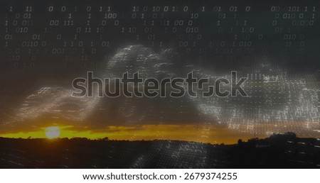 Streaming binary code wave forming data overlay across rural dusk sky, with sun glow over hills. Scenic, landscape, digitalart, futuristic, nature, technology, sunset