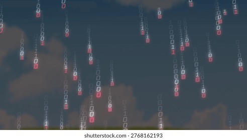 Streaming binary columns falling across dusky sky with clouds, dusk settling, showing red digits. Digital, rain, data, dataflow, algorithmic, neon, holographic - Powered by Shutterstock - Get 15% off with code: PIKWIZARD15