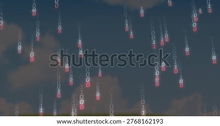 Streaming binary columns falling across dusky sky with clouds, dusk settling, showing red digits. Digital, rain, data, dataflow, algorithmic, neon, holographic