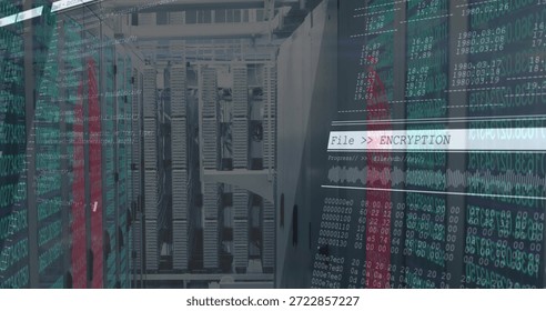 Streaming code overlaying central server racks in data center aisle, showing File ENCRYPTION. Facility, industrial, cyber, leds, cabling, network, switches