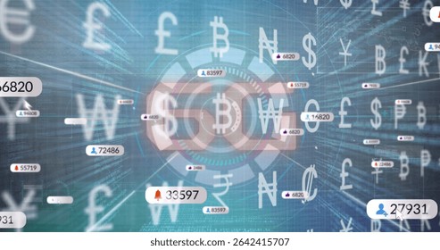 Streaming currency symbols and numeric tags around central Bitcoin HUD in grid, with notifications. Futuristic, digital, interface, data, blockchain, finance, virtual