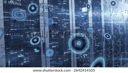 Streaming data analytics on glowing server cabinets in server room aisle, with holographic overlays. Technology, infrastructure, digital, futuristic, cybersecurity, innovation, network