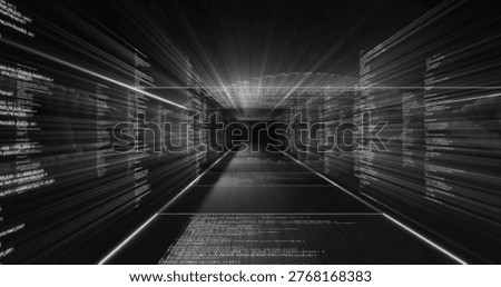 Streaming data corridor racing through virtual tunnel with code panels and center portal. Futuristic, monochrome, highcontrast, neon, alphanumeric, grid, perspective