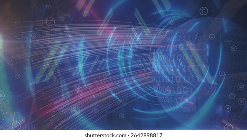 Streaming data streams to glowing sphere in network with binary code, network icons, copy space. Futuristic, cybersecurity, digital, technology, connectivity, abstract, innovation