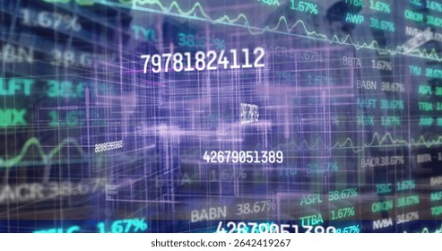 Streaming data at trading hub showing floating numbers, stock tickers, chart curves and 3D grid. Futuristic, digital, abstract, technology, innovation, financial, immersive
