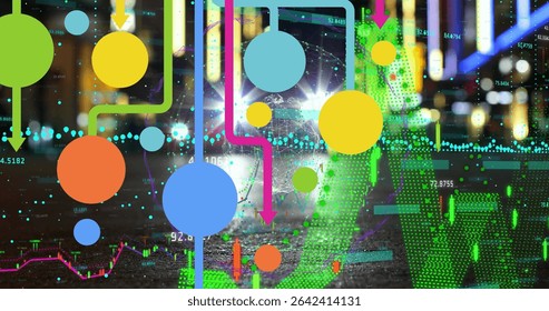 Streaming data visualization across night street, with circles, lines and data readouts. Abstract, futurism, technology, infographic, innovation, digitalart, urban