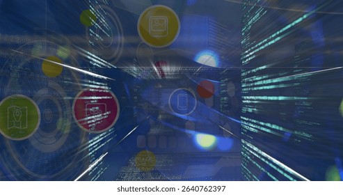 Streaming digital code tunnel in virtual corridor, with UI rings and floating holographic icons. Cybersecurity, futuristic, technology, innovation, virtual, interface, data visualization