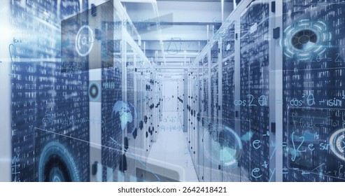 Streaming digital data through server corridor in data center, with server racks flashing LEDs. Technology, cybersecurity, data, networking, innovation, modern, futuristic - Powered by Shutterstock - Get 15% off with code: PIKWIZARD15