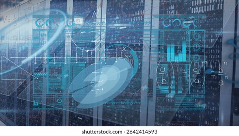 Streaming digital overlays across black server cabinets in data center aisle, with LED indicators. Technology, cybersecurity, data analysis, cloud computing, digital transformation, enterprise, - Powered by Shutterstock - Get 15% off with code: PIKWIZARD15