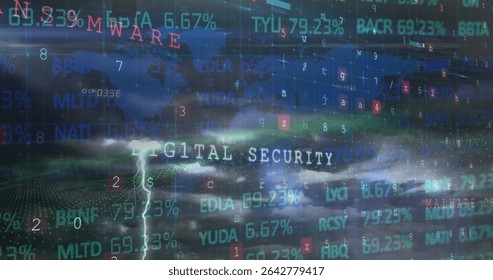 Streaming DIGITAL SECURITY text on stormy cyberspace interface, with world map and lightning. Cyberspace, cybersecurity, data protection, digital infrastructure, network defense, technology, - Powered by Shutterstock - Get 15% off with code: PIKWIZARD15