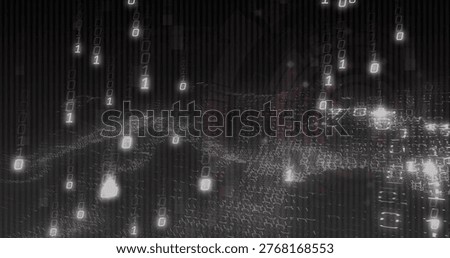 Streaming field of cascading binary digits across virtual data plane, showing glowing nodes. Code, matrix, landscape, monochrome, abstract, scanline, depth