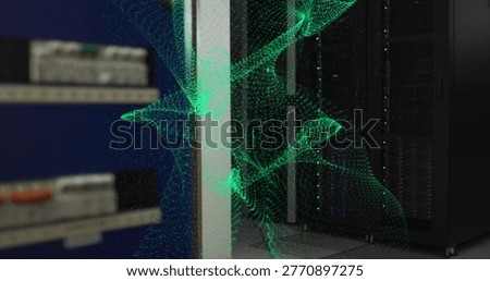 Streaming green pointcloud wave curving through server aisle past blue shelving, black server rack. Datacenter, hologram, visualization, cabinet, emerald, dataflow, infrastructure