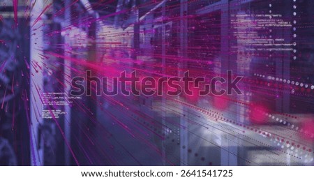 Streaming light streaks down data center aisle between server racks, with code snippets. Technology, cybersecurity, futuristic, digital, networking, innovation, industrial