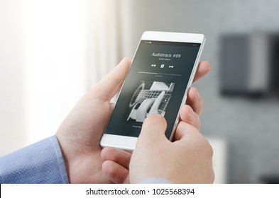 Streaming Music Application On Smart Phone. Mobile Phone Music Listening Guitar Album Concept
