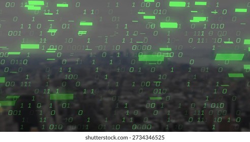 Streaming neon-green binary 0 and 1 digits and data bars across hazy skyline, creating overlay. Code, neon, digital, futuristic, urban, cityscape, cyber