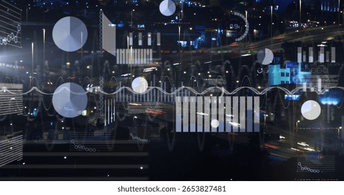 Streaming traffic light trails and floating data charts over nighttime highway, tech visualization. Futuristic, digital, dynamic, urban, high-tech, modern, vibrant