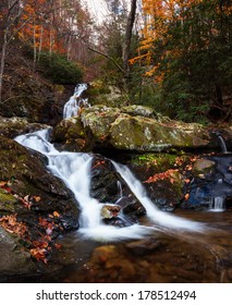 Streaming Water And Waterfall In Fall Colors, Smoky Mountains 