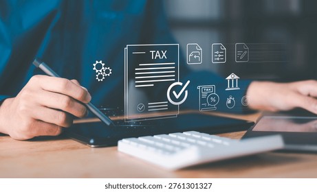 Streamline tax processing with digital systems for compliance, e-filing, and automated verification. Ideal for illustrating finance technology, online tax solutions, and digital accounting operations.