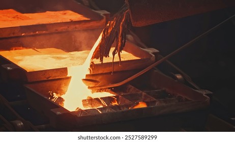 Streams of hot metal fill molds at factory. Stock footage. Beautiful molten metal pours into molds. Streams of metal flow at metallurgical plant - Powered by Shutterstock