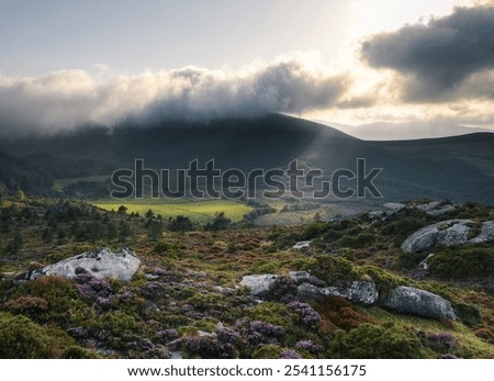 Streams of light pass through the clouds to illuminate a meadow between mountains in Xistral Muras Lugo Galicia
