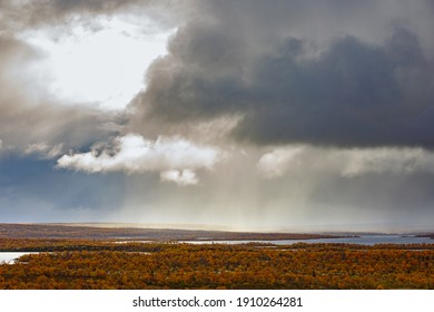 Streams Of Rain From The Clouds Over The Tundra In Autumn.