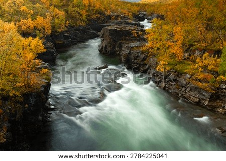 Streams and rapids in fast-flowing rivers in alpine terrain, surrounded by cliffs and rocks. Some sunshine and colorful trees in the background.