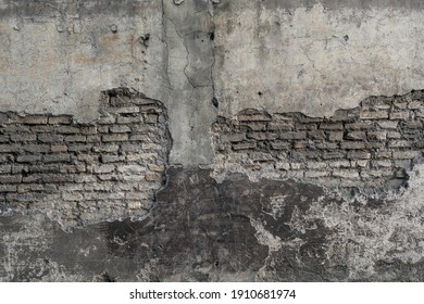 Aged scratched chipped erosion fence for 3D retro design. Cracked uneven flaked rot wall of an old castle grunge loft. Bumpy peeling dirty ruined exposed stucco on shabby medieval scary urban street