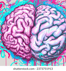 Street art artistic image of show me a brain with its two-color hemispheres, one pink and one cyan, but let the color become twisted but keep the first-color essence from a perspective seen from above