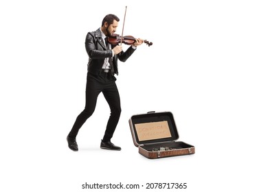Street artist playing a violin with a suitcase on the ground isolated on white background 