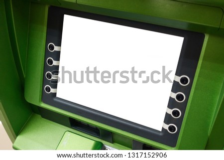 Street ATM teller machine with current operation. Blank screen for mockup.